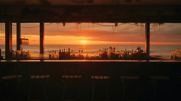 Generative AI, summer sunset beach bar background. Outdoor restaurant, Led light candles and wooden tables, chairs under beautiful sunset sky, sea view. photo
