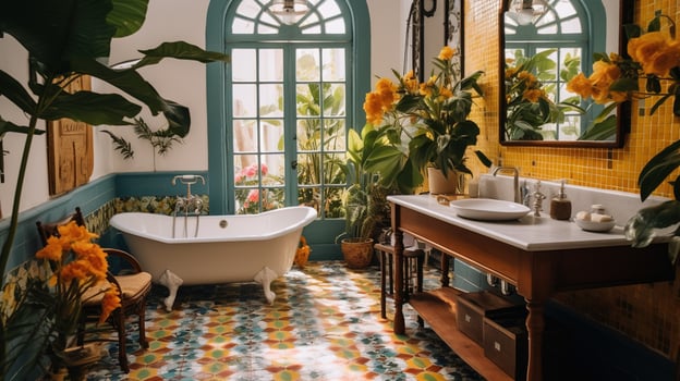 Generative AI, retro boho hotel bathroom, Puerto Rico style. Bright colors and plants photo