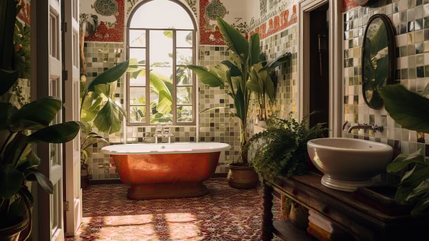 Generative AI, retro boho hotel bathroom, Puerto Rico style. Bright colors and plants photo