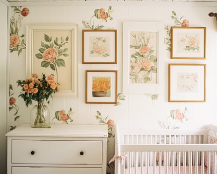 Nursery gallery wall, home decor and wall art, framed art in the English country cottage interior, room for diy printable artwork mockup and print shop photo