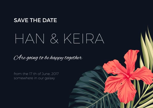 Wedding invitation or card design with exotic tropical flowers and leaves photo