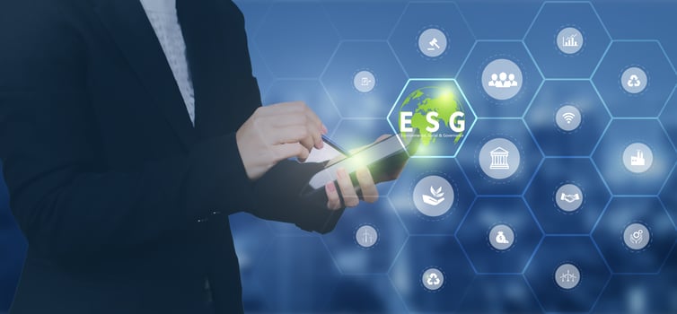 Hand touching Phone ESG icon concept in the hand for environmental, social, and governance in sustainable and ethical business on the Network connection. photo