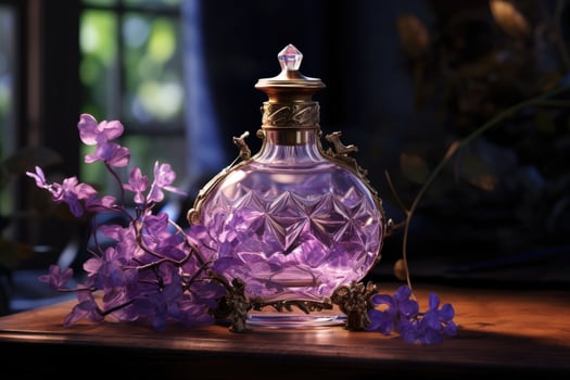 Perfume bottle with lilac flowers photo