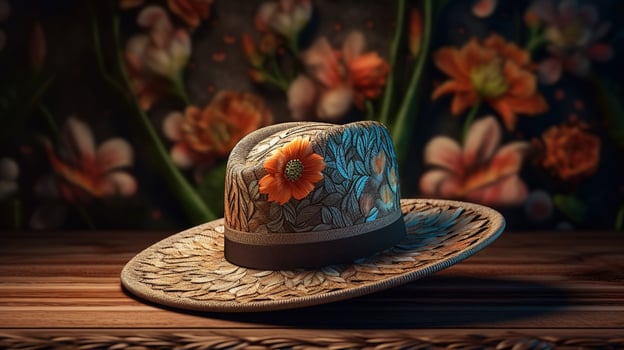 beautiful floral hat on the table Created with AI photo