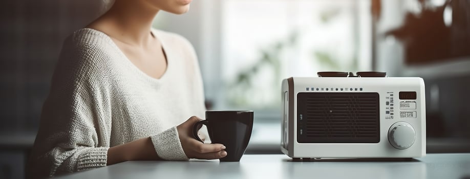 Young woman with cup of coffee listening to radio in kitchen, Generative AI photo