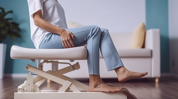 Anonymous, barefoot female waiting for doctor to examine legs and feet to relieve pain, Generative AI photo