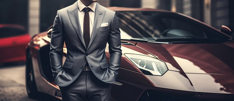 A rich guy in formal business suit which is standing in front of a supercar, successful businessman concept. Generative AI photo