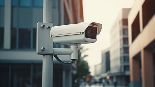 Security camera on modern building. Professional surveillance cameras. CCTV on the wall in the city. Video equipment for safety system area control outdoor. Generative AI photo