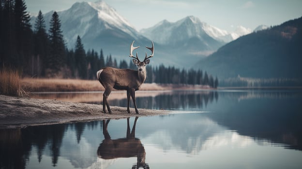 Wildlife Symphony, Deer, Snowy Peaks, and Antler Reflection in Lakeside Harmony. Generative AI photo