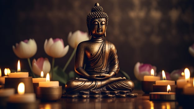 Buddha statue in meditation with lotus flower and burning candle. Meditation, spiritual health, searching zen concept. Generative AI photo