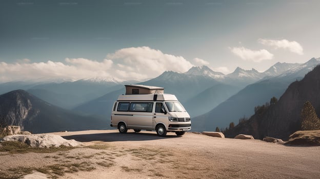 A white camper van is parked on rocky ground in front of mountains, in the style of photo-realistic landscapes, Generative AI photo