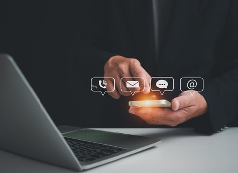 Website page, contact us or email marketing concept, customer support hotline, contact us. Businesswoman sitting and working on computer. Email, phone, address, photo