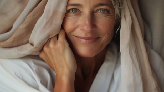 Generative AI, close-up of beautiful senior smiling woman, happiness look, aesthetic muted neutral colors photo