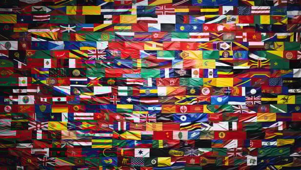 colorful national flags of the world on crumpled paper background. AI Generated. photo