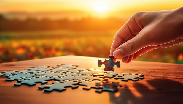 Hand of businesswoman connecting jigsaw puzzle pieces on wooden table. AI Generated. photo