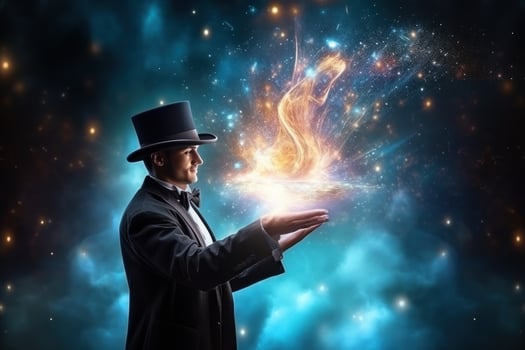A magician showing magic tricks around a magic hat photo