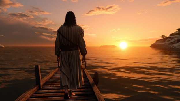 Jesus walking toward a canoe in the lake photo