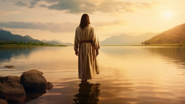 Jesus walking toward a canoe in the lake photo
