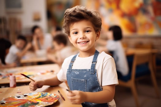 Young Artist at Work Portrayal of Boy with Paint Palette in Art Class Generative AI photo