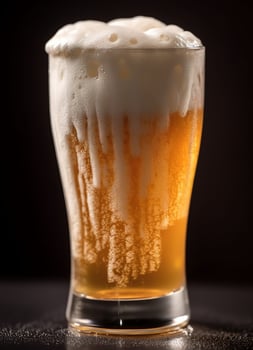 A glass of cold fresh beer with cap of foam. Splash of foam with tasty american beer. Beer day concept by AI Generated photo