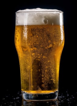 A glass of cold fresh beer with cap of foam. Splash of foam with tasty american beer. Beer day concept by AI Generated photo