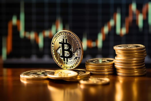 Golden bitcoin digital cryptocurrency futuristic money. Technology business internet trading concept by AI Generated photo