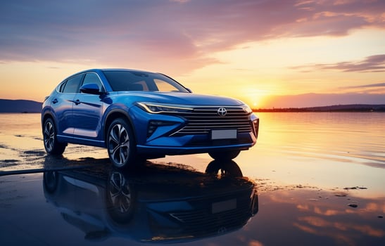 At dusk, a blue compact SUV with a sporty, contemporary appearance is parked on a concrete road by the water. ecologically sound technology. Concept of business success. AI Generative photo