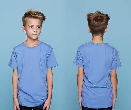 Front and back views of a little boy wearing a blue T-shirt. ai generated photo