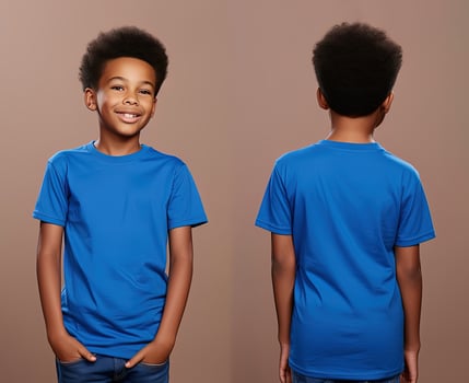 Front and back views of a little boy wearing a blue T-shirt. ai generated photo