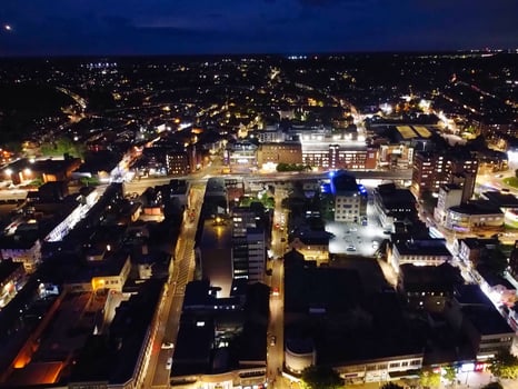 Aerial View of Illuminated Luton City of England UK after Sunset During Night of Summer. Image Was Captured with Drone's Camera on Sep 1st, 2023 photo
