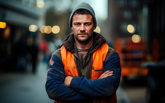 Construction worker man with hat and cross arms. Generative AI photo