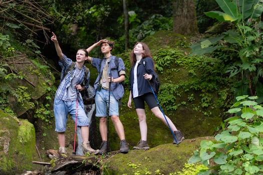 Group of young people hiking in the forest. Travel and adventure concept. photo