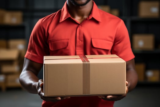 A delivery employee at a logistics warehouse holds a cardboard box.Generative AI photo