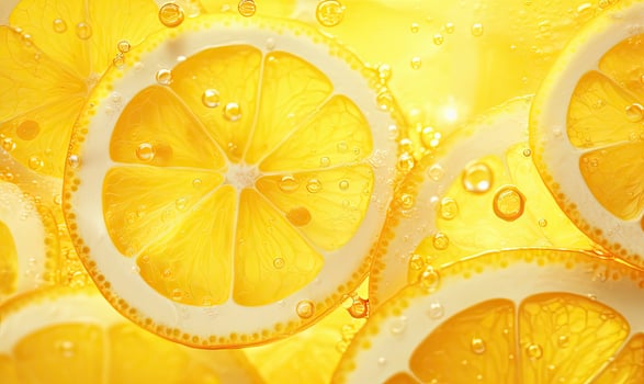 Close-up of a luminous lemon slice, radiating freshness against a vibrant backdrop. Created by AI photo