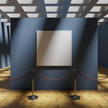 a square canvas frame mockup poster on the blue wall museum behind the stanchion photo