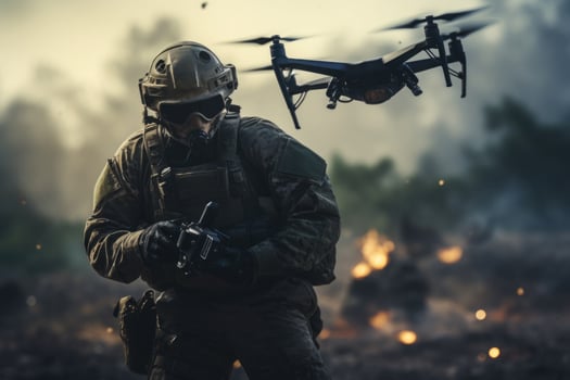 Military forces using fight quadcopter at war. Generative AI photo