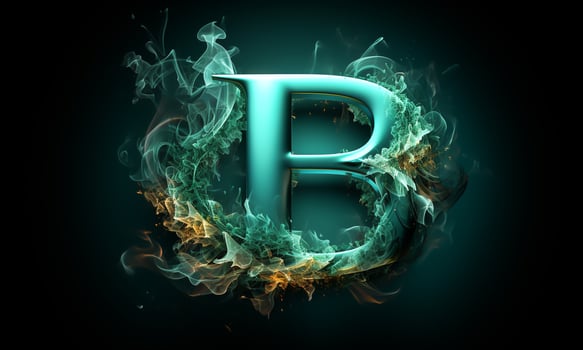 Glowing turquoise letter B on dark background. AI generated photo