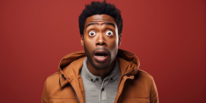 Surprised African man close-up on a red background. Generative AI photo