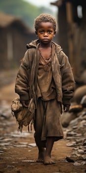 poor and hungry African orphan child dirty clothes. Generative AI photo