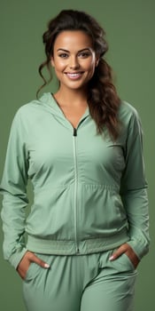Woman on green background, fitness, healthy lifestyle concept. Generative AI photo