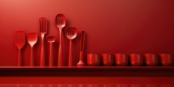 Different designs of red dishes and shelves. Generative AI photo