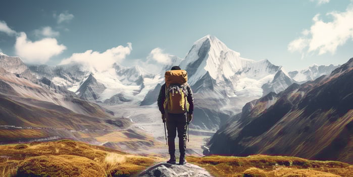 AI Generated. AI Generative. Backpacker alone man at high peak mountain adventure outdoor nature inspiration background. Graphic Art photo