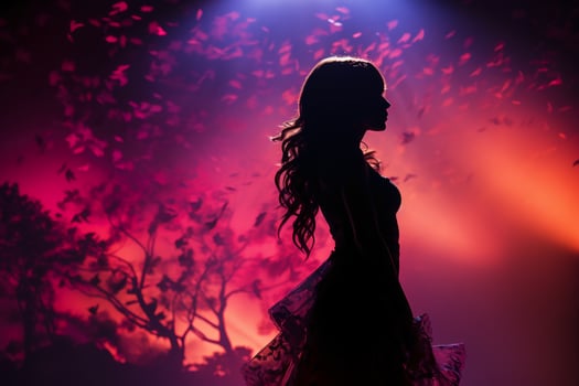 Stylish photography of folklore girl singing to a microphone on stage. AI generative photo