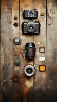 A photographer's workspace with a camera, lenses, and vintage photography equipment, situated against a weathered wooden background with a patina, AI generated. photo