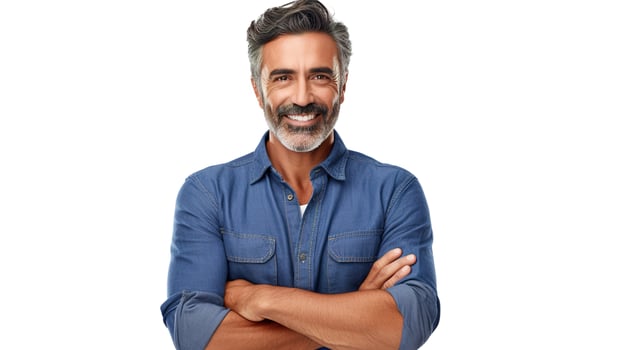 A man with a beard and a blue shirt photo