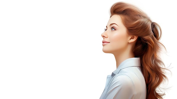 A woman with long hair looking up photo