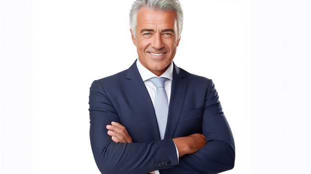 A man in a suit and tie standing with his arms crossed photo