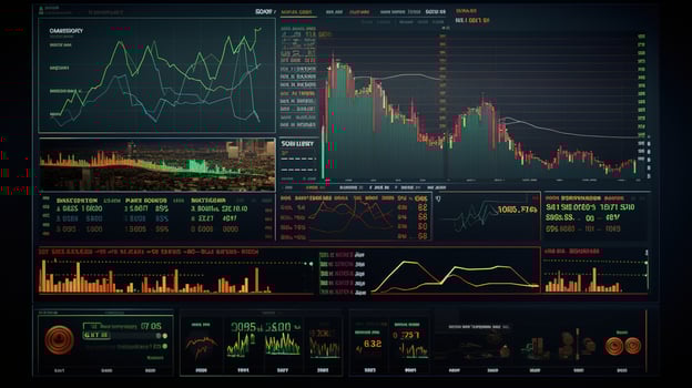 A dark screen with various graphs and charts photo