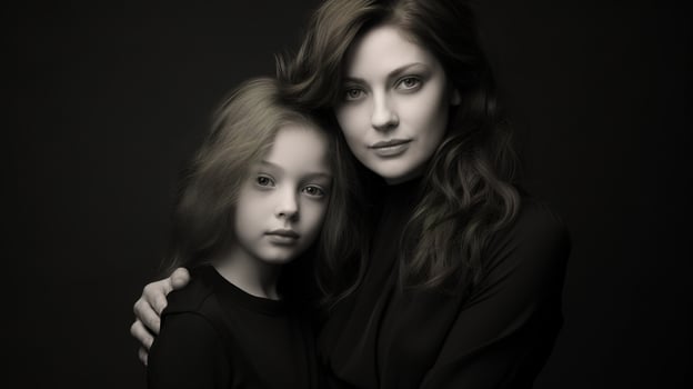 A woman and a little girl are posing for a black and white photo