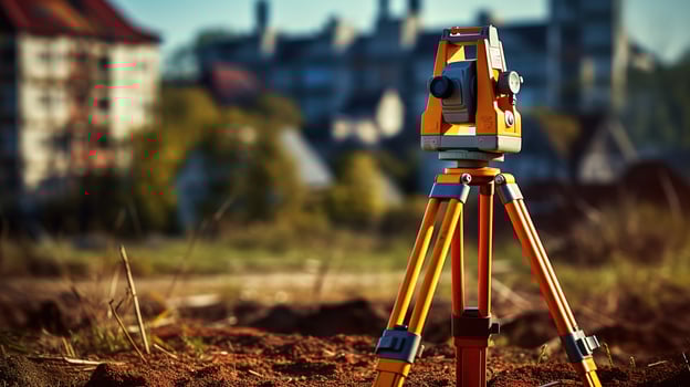 A surveyor's tripod is on the ground in front of a city photo